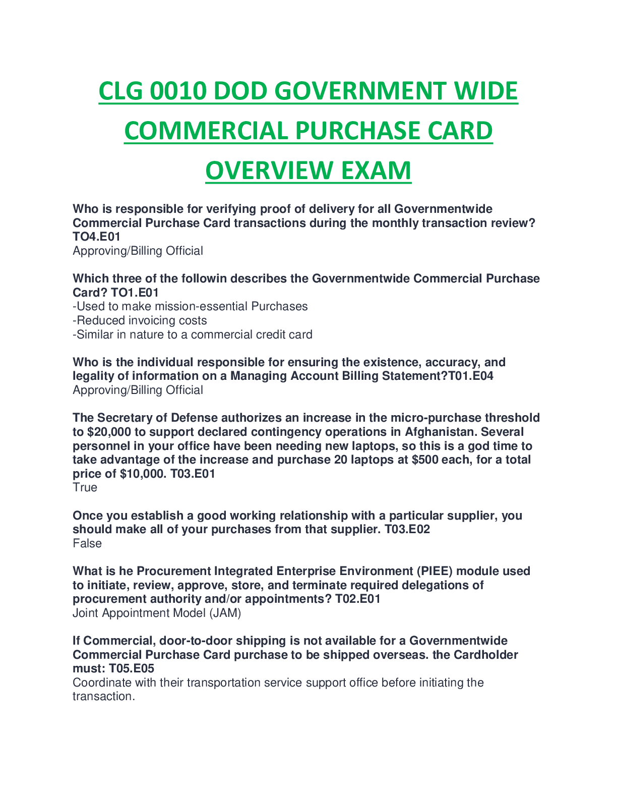 Preview image for CLG 0010 DOD GOVERNMENT WIDE COMMERCIAL PURCHASE CARD OVERVIEW EXAM 100% SCORED SPRING SERIES.